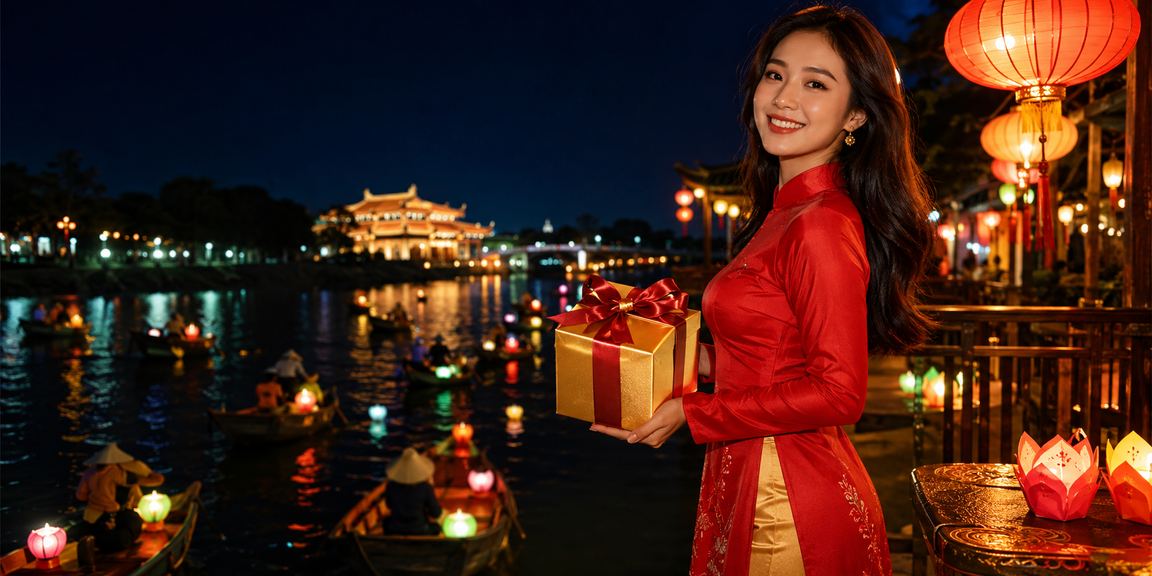Người dùng nhận thưởng VIP xổ số tại Hội An trong trang phục áo dài